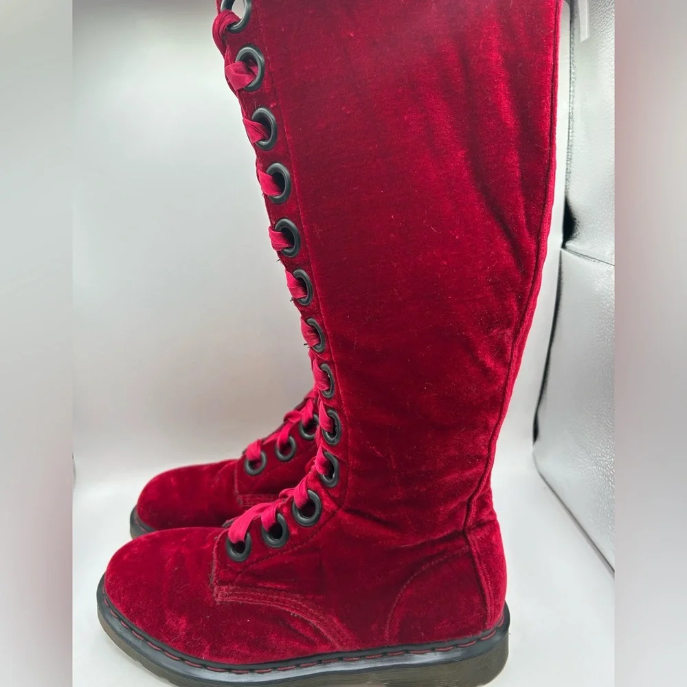RARE Dr Martens red velvet  20 eye tall knee high zip Combat boots Men10 Women11 - Picture 9 of 16